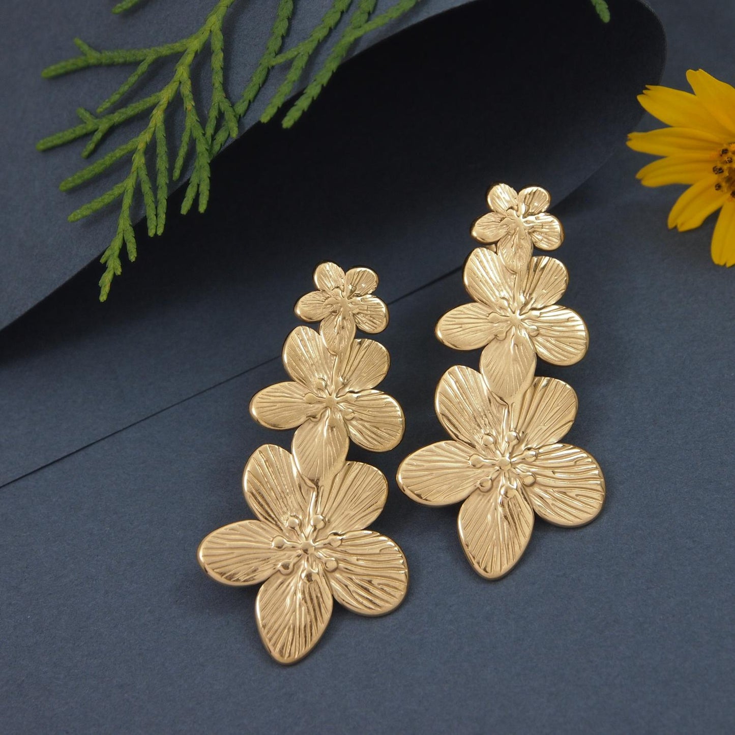 Triple Bloom Gold-Plated Dangler Earrings Anti Tarnish