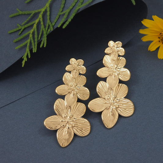 Triple Bloom Gold-Plated Dangler Earrings Anti Tarnish