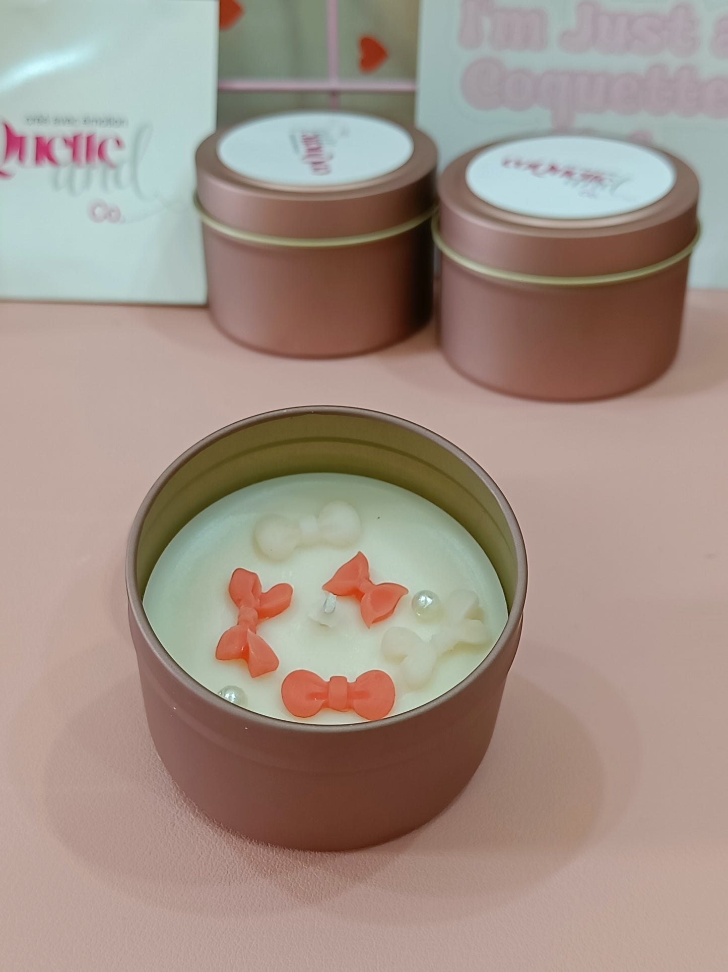 Rose Gold Matt Tin Candle Jar-red bow